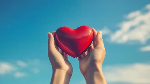 Cupped Hands Presenting Vivid Crimson Heart Against Cerulean Sky.