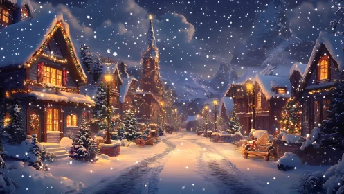 Snowfall transforms a cozy Christmas village into glowing magic
