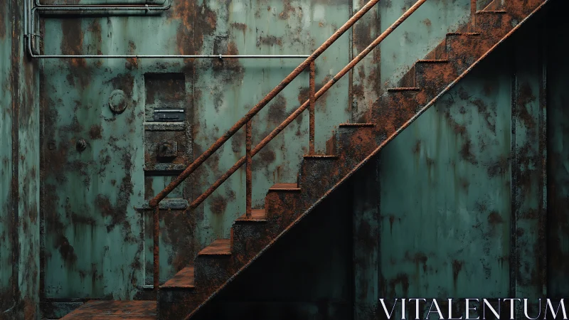 Rusty metal staircase ascends along corroded teal wall