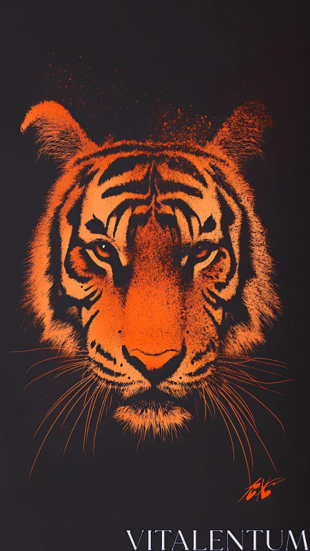 Tiger face glows in neon orange on deep black background.