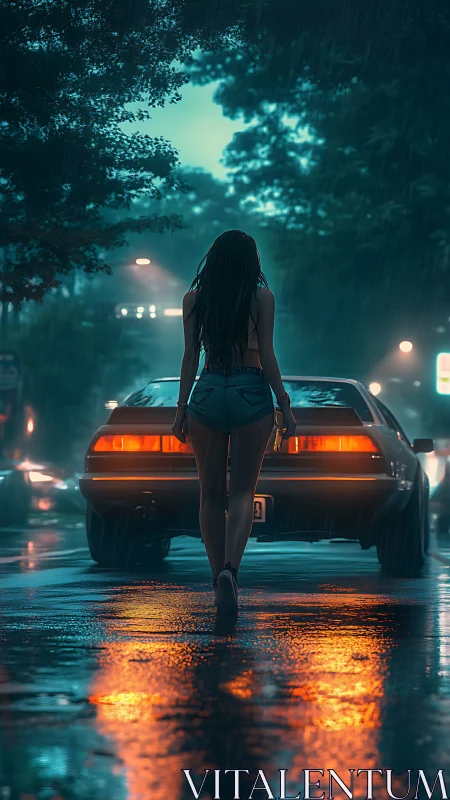 Neon rainwalk with retro car and midnight reflections.