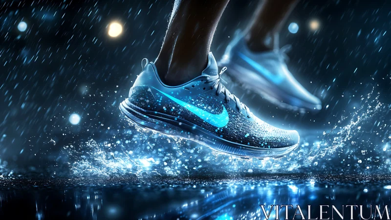 Electric night run splashes with glowing blue sneakers.