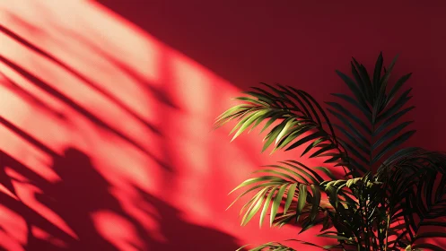Green palm leaves against red wall in angled sunlight.