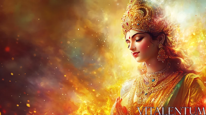Digital depiction of jeweled female deity amid warm radiance.