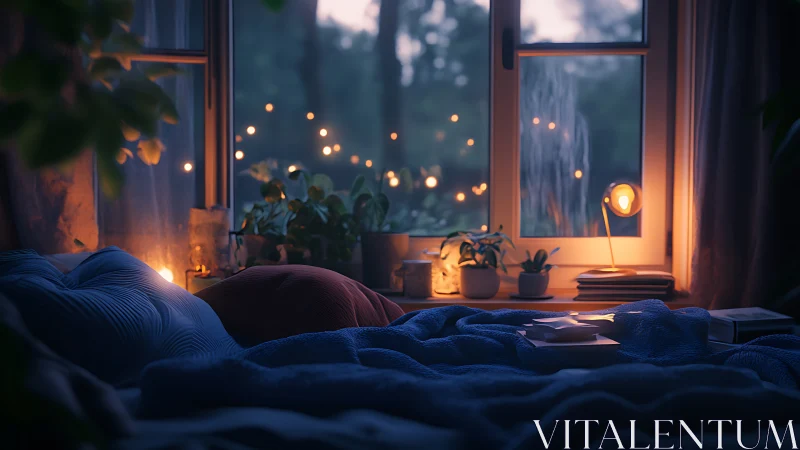 Cozy bedroom window scene shows bed, plants and warm lights