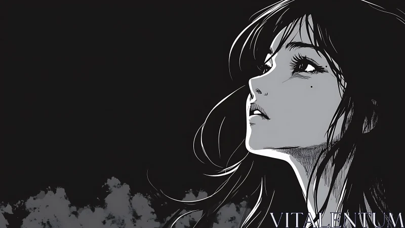 Melancholic anime girl gazes upward in stark monochrome night.