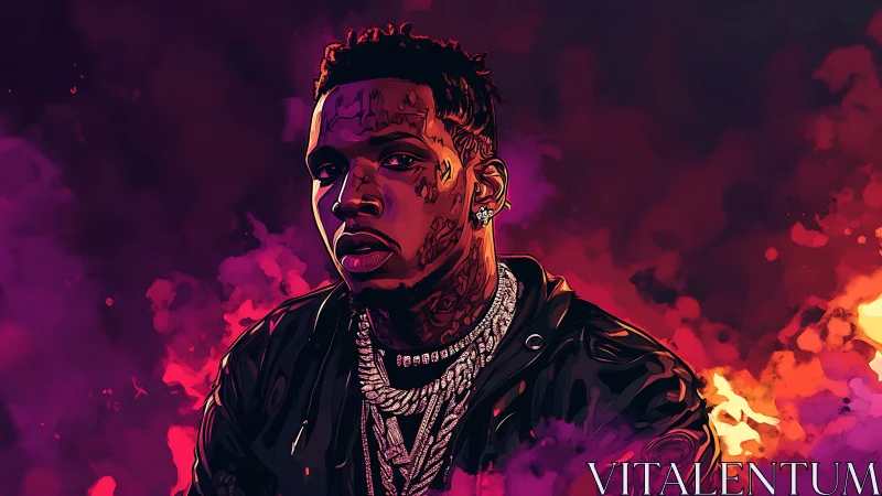 Digital portrait depicts tattooed man amid abstract smoke field