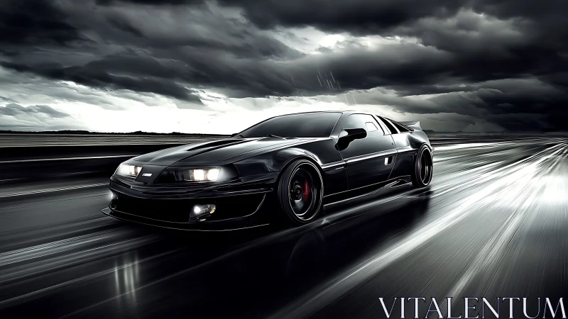 Midnight predator supercar slicing rainlit highway lines.