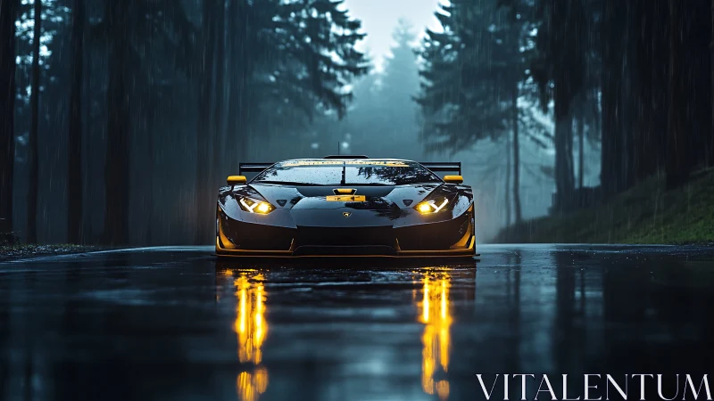 Supercar glows on a rain-soaked forest road at twilight
