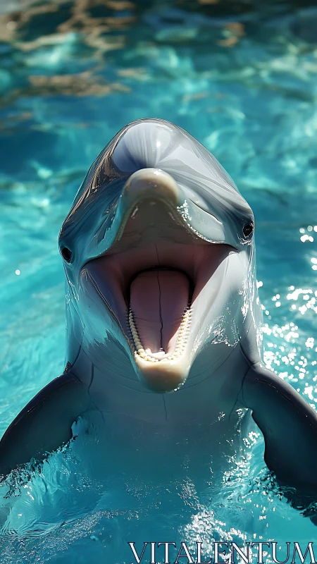Playful dolphin popping up to share a bright blue smile.