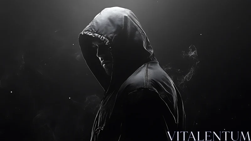 Hooded figure in dramatic side light with monochrome smoke field.