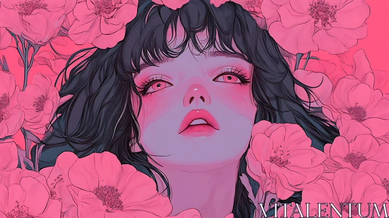 Female portrait framed by stylized pink flowers on gradient.