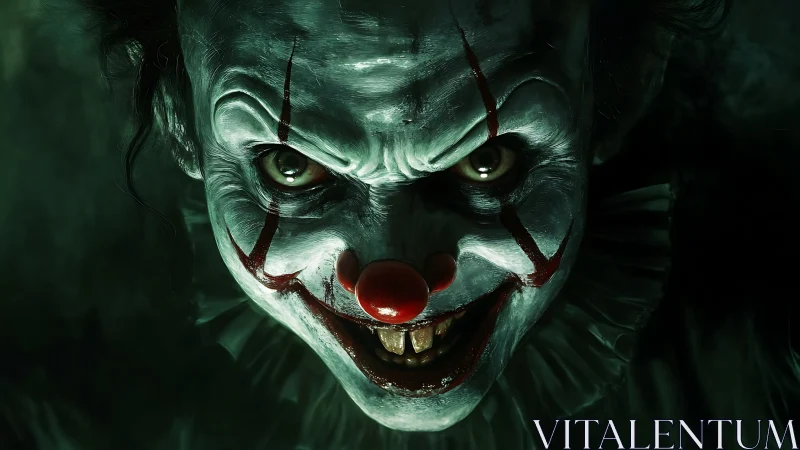 Sinister horror clown grins in eerie green shadows.
