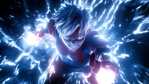 Electrified anime hero charges forward through blue energy.