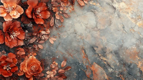 Rust-toned florals border textured stone surface in profile