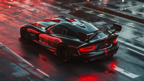 Sleek black supercar glows in neon light on wet street.