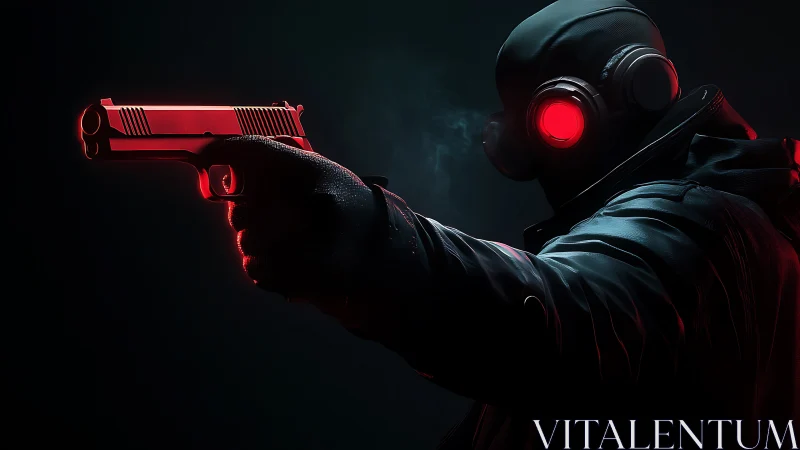 Red-eyed gunslinger in neon shadowed cyberpunk gloom.