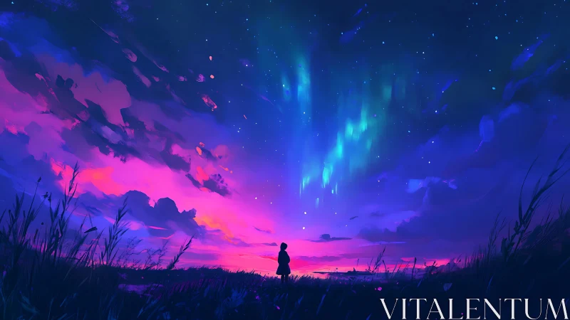 Silhouette watching aurora over vivid twilight field.