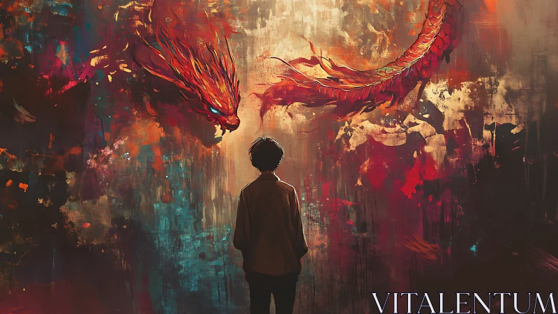 Young dreamer meets fiery dragon in a swirling twilight realm.