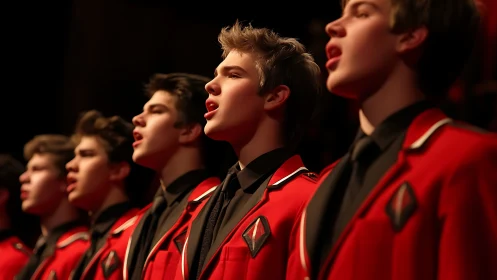 Crimson choirboys pour twilight harmonies across the stage.