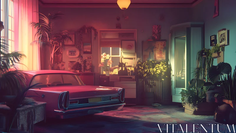 Vintage pink car parked in sunlit indoor living room.