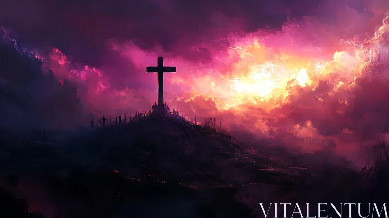 Solitary hilltop cross stands before dense magenta cloud mass