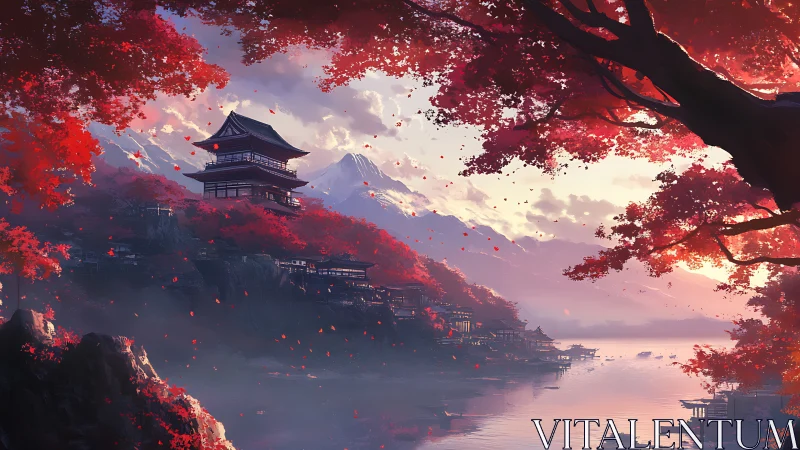 Crimson lakeside temple at sunrise in a tranquil valley.