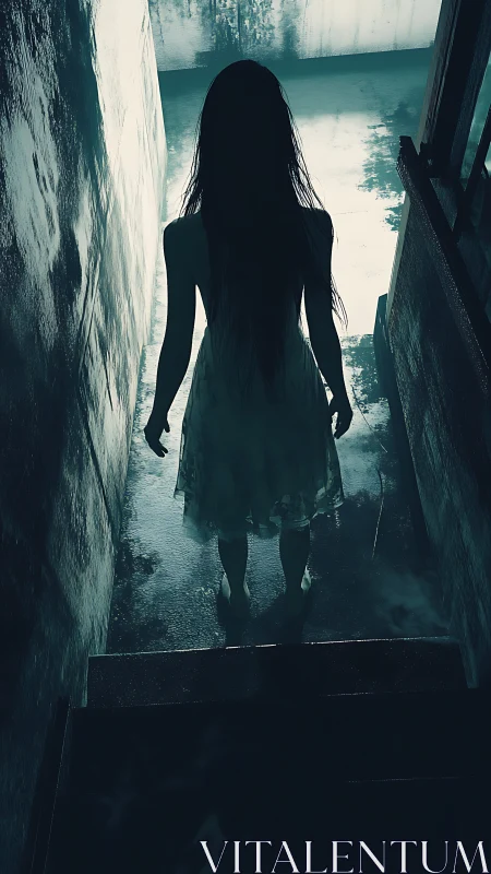 Mysterious girl in a misty stairwell invites eerie curiosity.
