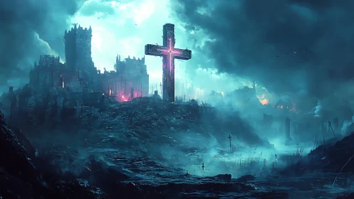 Glowing cross dominates ruined fortress under stormy cyan sky