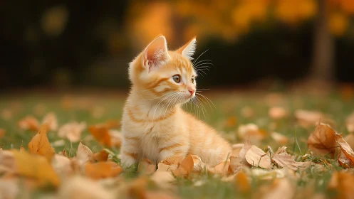 Ginger Kitten Exploring Autumn Leaves Outdoors.