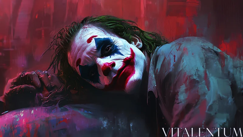 Chromatic clown portrait in tilted, high-contrast close-up.