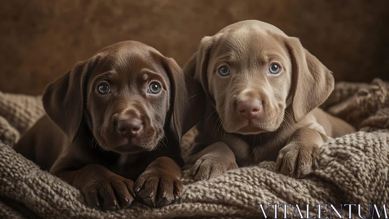 Double-trouble cuddle pups nestle into caramel knit dreams.
