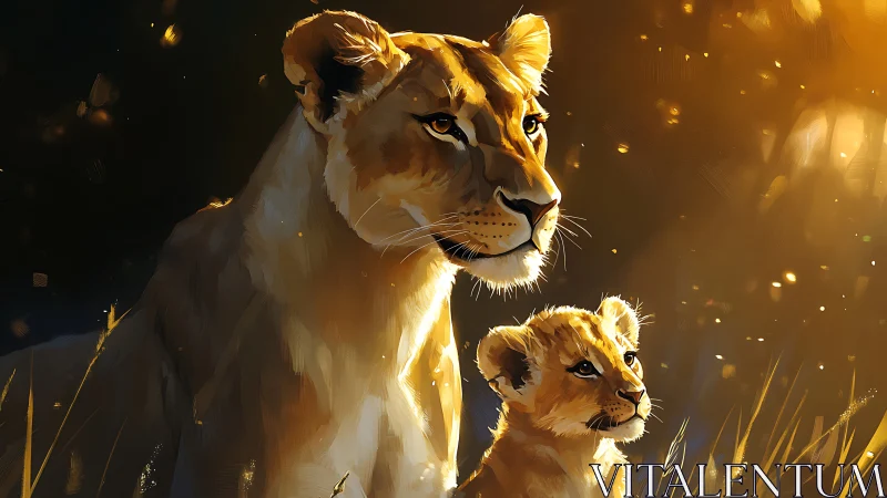 Lioness and Cub in Golden Savanna Light