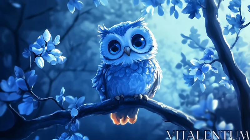 Adorable cartoon owl with big eyes on a glowing blue branch at night.