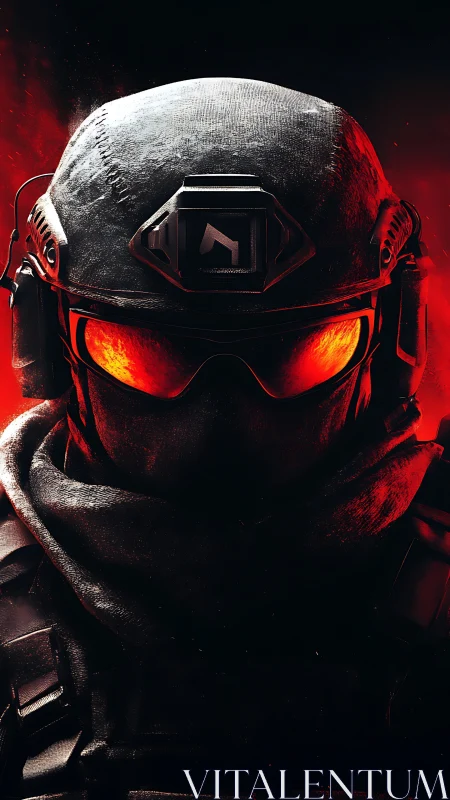 Tactical cyber-soldier portrait with incendiary visor glow.