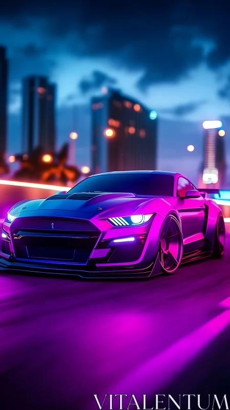 Neon-lit muscle car accelerates through futuristic cityscape