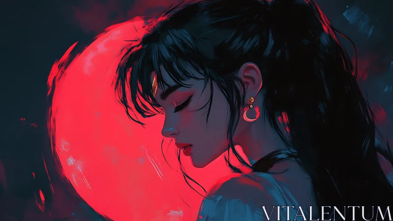 Crimson moon cradles a dreaming girl in electric silence