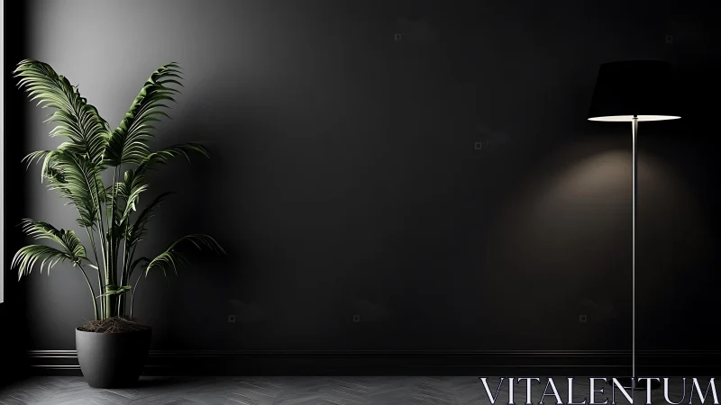 Calm corner with green potted palm and soft floor lamp glow.