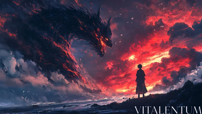 Silhouette confronting massive dragon amid red storm sky.