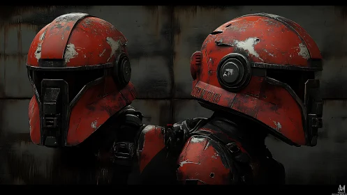 Weathered red sci fi combat helmets rendered in profile.