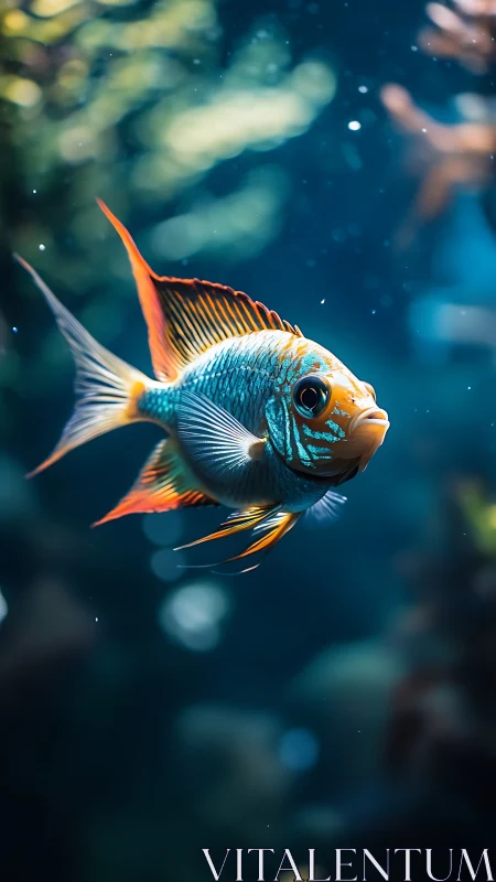 Brilliant tropical fish glides gently through a glowing reef