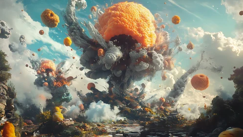 Volumetric fungal detonation across atmospheric landscape field.