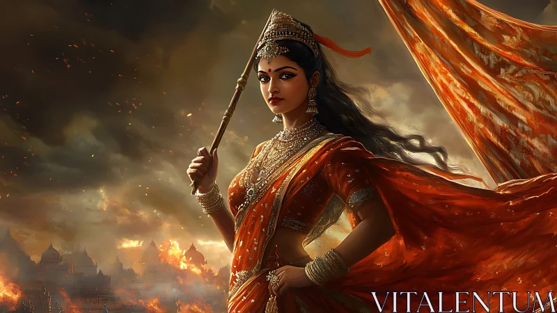 Regal warrior woman stands in ornate attire before burning city