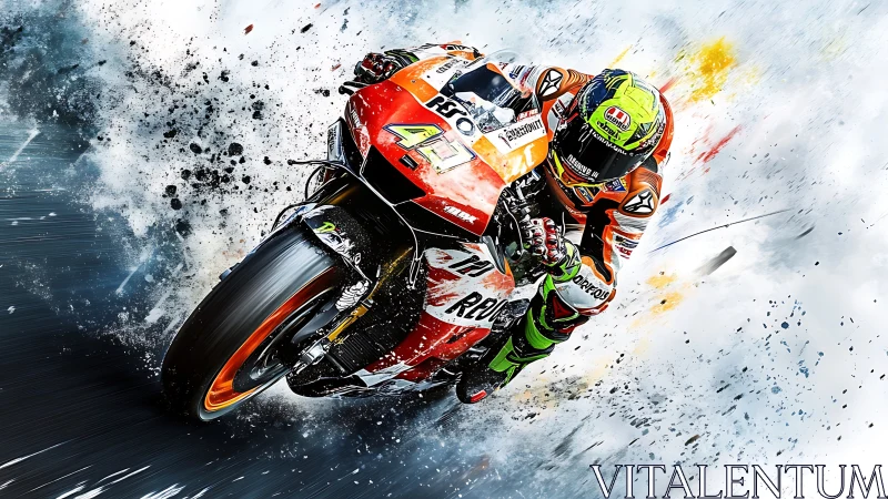 Motorcycle racer explodes through dynamic color splashes.