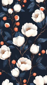 White Peonies with Coral Berries on Dark Navy Background