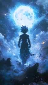 Lone anime warrior ascends toward a glowing celestial moon.