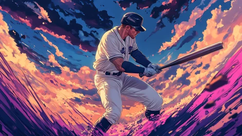 Baseball batter in mid-swing against vivid cloud sky.