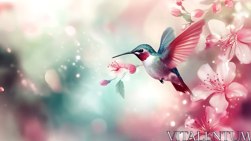 Iridescent hummingbird in mid-flight among soft-focus sakura blooms