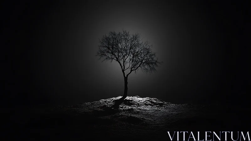 Solitary winter tree silhouetted in dramatic rim light.