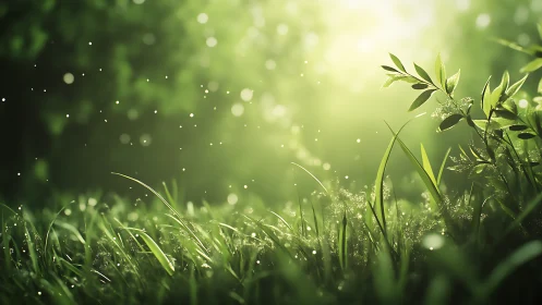 Sunlit Morning Grass with Dew in Dreamy Nature Style.